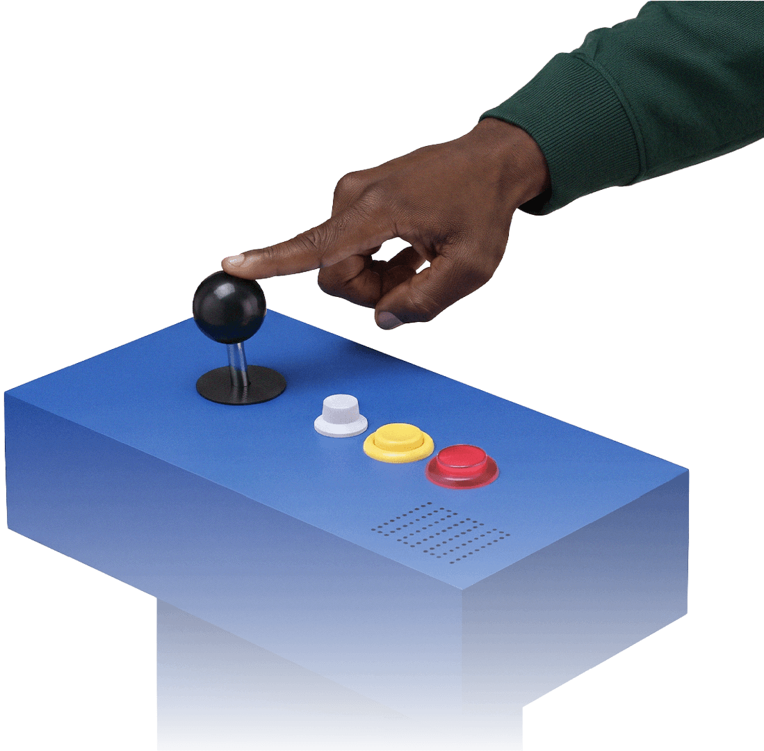 A hand pressing the joystick on a blue arcade-style control panel, representing the systems Splotch integrates with